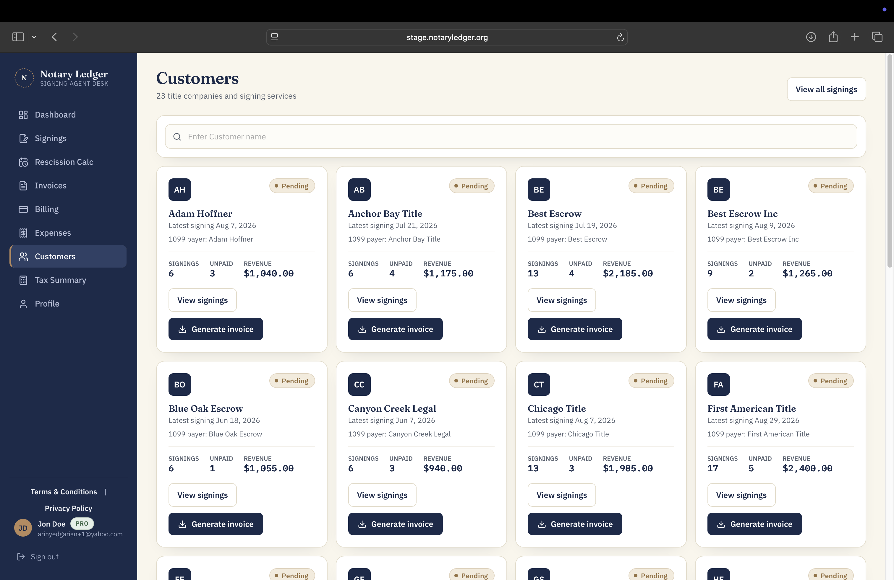 NotaryLedger customer cards showing latest signing, signings count, unpaid work, revenue, and invoice actions.