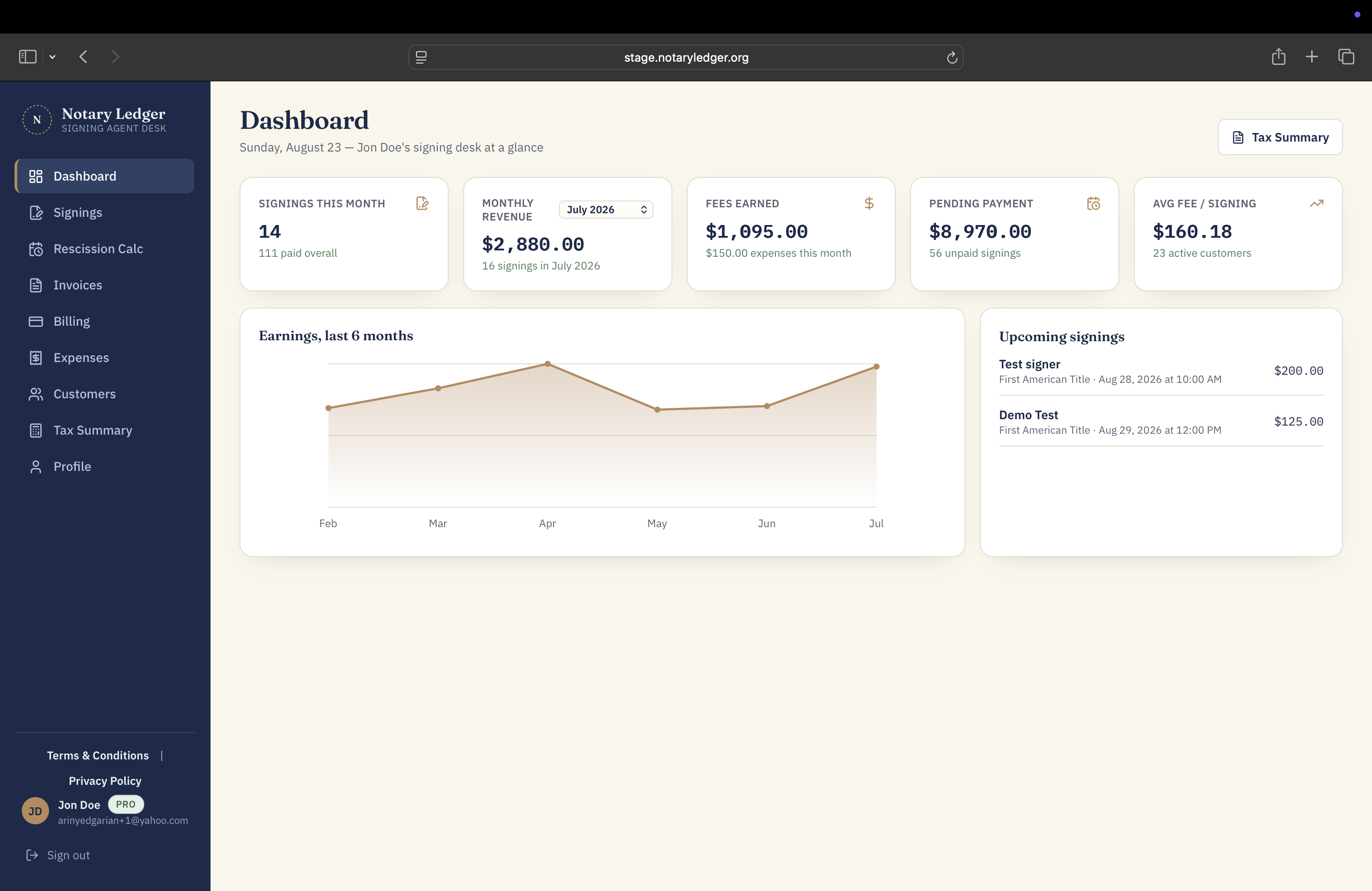 Notary Ledger dashboard with signing revenue, fees earned, pending payments, and upcoming signings.