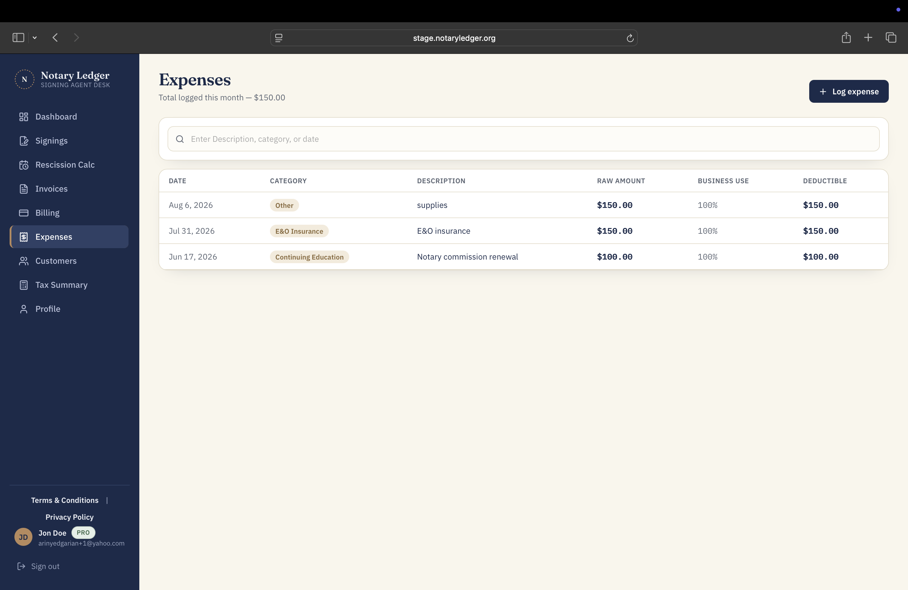 NotaryLedger expenses page showing monthly expenses, categories, business-use percentage, and deductible amount.