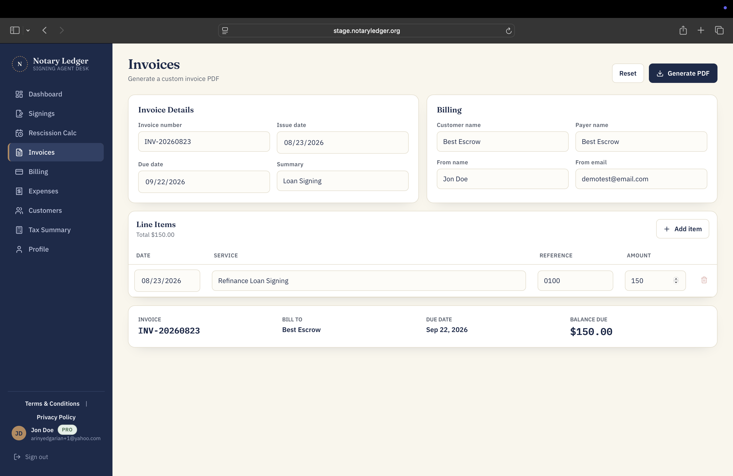 Notary Ledger invoice builder with billing details, line items, and balance due.