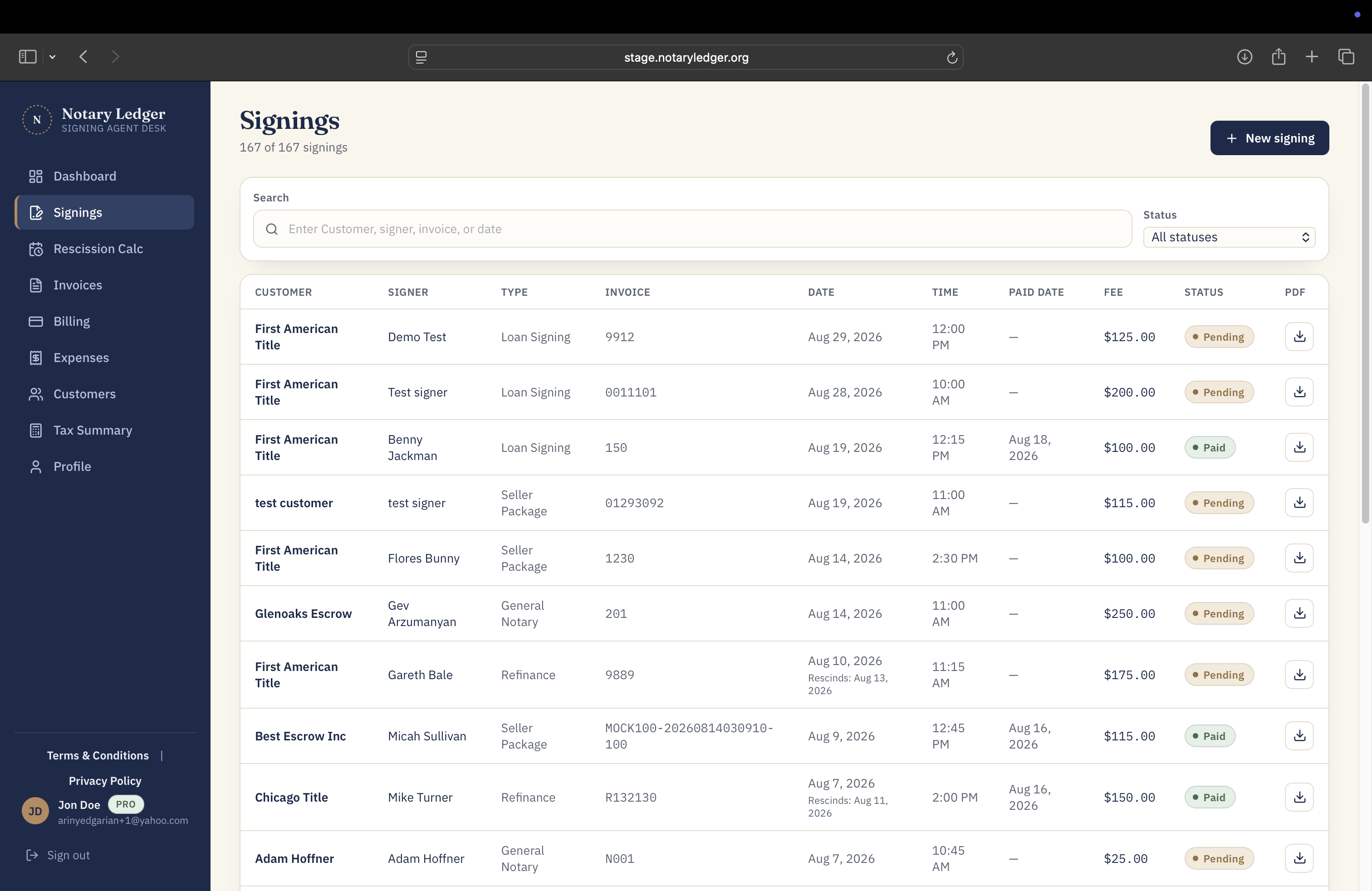 NotaryLedger signings page with signing records, invoices, fees, mileage, and payment status.