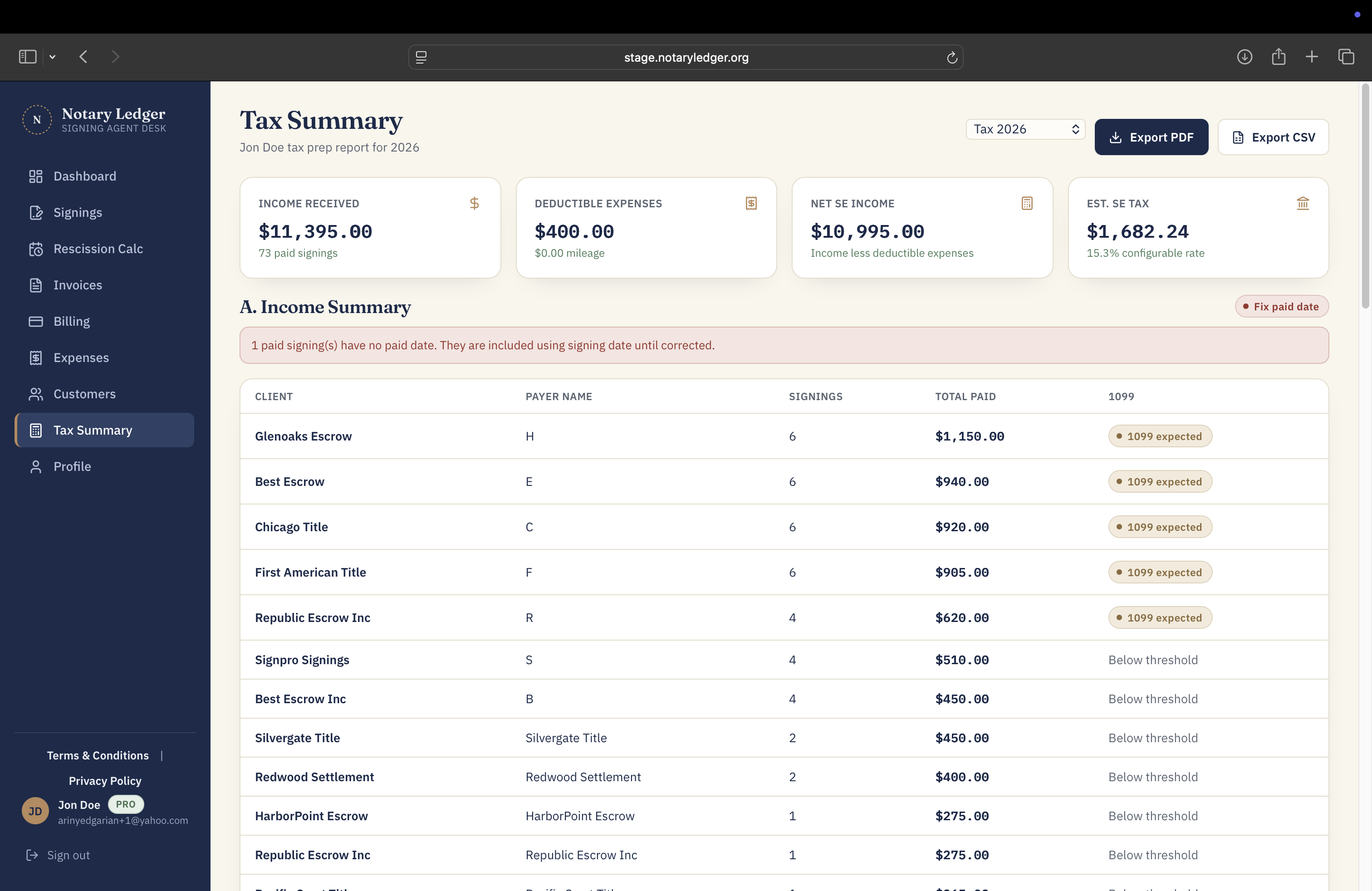 NotaryLedger tax summary with income, deductible expenses, estimated tax, and client totals.